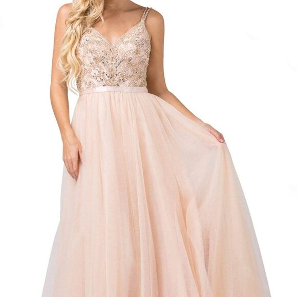 NWT Dancing Queen 2519 Tulle Prom Dress Champagne Size XS - Picture 1 of 7